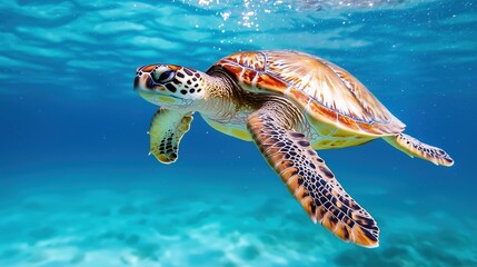 Fototapeta premium Graceful Sea Turtle Gliding Through Clear Blue Waters