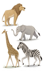 Obraz premium A lion, an elephant, a giraffe, and a zebra are illustrated together