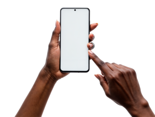 Close-up of person using smartphone with blank screen, pointing finger