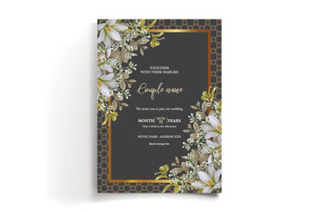 WEDDING INVITATION FRAME WITH FLOWER DECORATIONS AND FRESH LEAVES