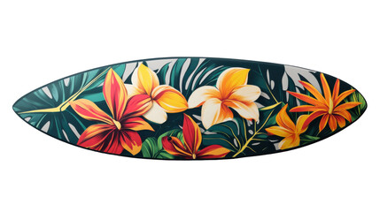Surfboard with colorful tropical flowers and leaves on transparent background