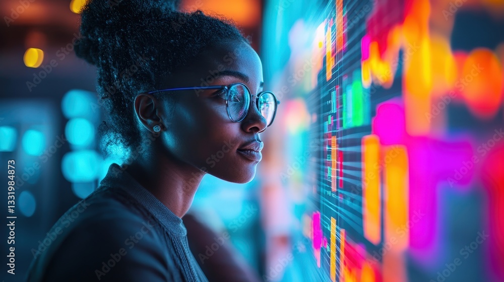 Poster a focused individual analyzes vibrant data visualizations on a digital screen, showcasing an interac