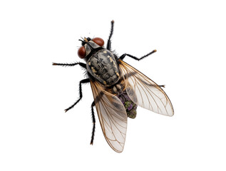 Macro shot of a fly with detailed wings and legs on a black background