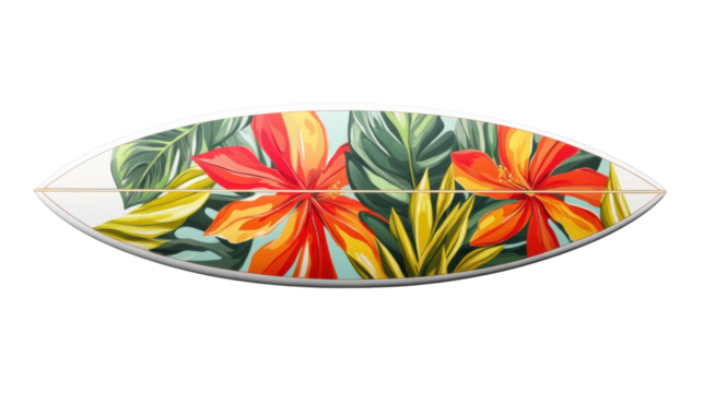Surfboard showcasing vibrant tropical flora, ideal for summer surfing adventures