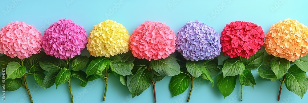 Aufkleber seven colorful hydrangea flowers in a row on blue background with copy space for text placement.