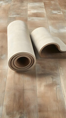 Rolled beige floor mats on wood floor; home improvement; interior design