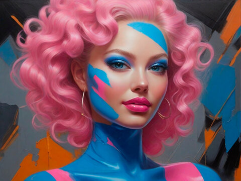 primer plano de mujer usando maquillaje exagerado, estilo por art , foto invadida por colores fuertes