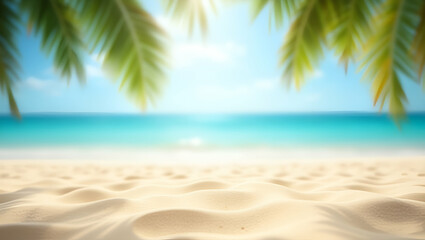 Flat Sand and Blurred Palm Trees: A Tropical Beach Bokeh Background for Summer Vacation and Travel Concepts - Embrace Relaxation and Adventure in Your Visuals