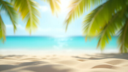Obraz premium Tropical Beach Bokeh: Flat Sand and Blurred Palm Trees for Summer Vacation Travel Visuals