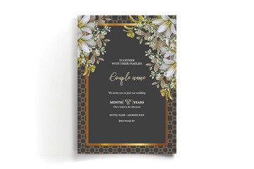 WEDDING INVITATION FRAME WITH FLOWER DECORATIONS AND FRESH LEAVES