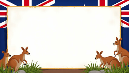 Fototapeta premium Playful Kangaroos and Vibrant Australian Flag Frame for Festive Australia Day Messages