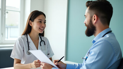 Fototapeta premium Flat A professional physician in a white medical uniform talks to discuss results or symptoms and gives a recommendation to a male patient and signs a medical paper at an appointment visit in the clin