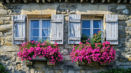 Rustic stone facade with decorative windows and vibrant flower boxes