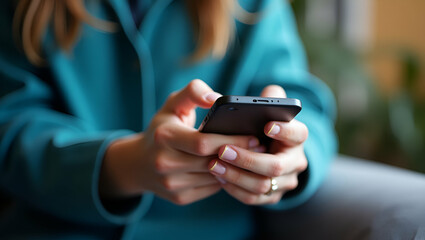 Flat Woman typing on smartphone for live chat and social network symbolizes digital communication and remote workplace interaction. concept as Highlights the flexibility and productivity benefits of d