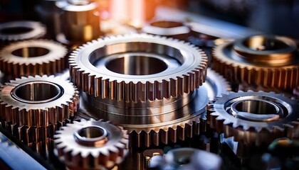 A closeup view of metal gears in action; a group of metal gears in focus; industry and machinery; heavy machinery metal gears in a manufacturing facility; detail photography