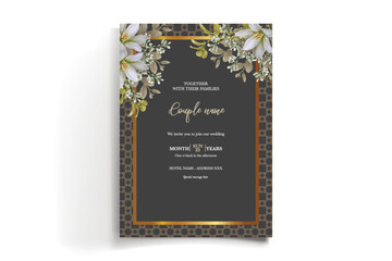 WEDDING INVITATION FRAME WITH FLOWER DECORATIONS AND FRESH LEAVES