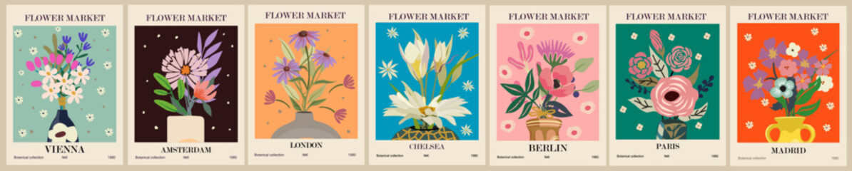 Obraz premium Set of abstract Flower Market posters. Trendy botanical wall arts with floral design in bright colors. Modern naive groovy funky interior decorations, paintings. Vector art illustration.