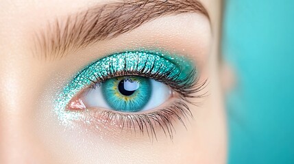 Obraz premium Close-Up of a Woman's Eye with Sparkling Teal Eyeshadow and Bright Blue Iris on a Soft Background
