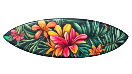 Surfboard decorated with colorful tropical flowers and leaves on transparent background