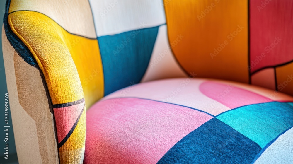 Poster a close up view of a colorful armchair with patterned design