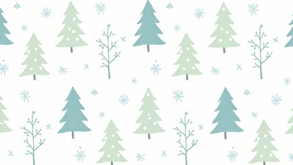 Obraz premium Traditional Winter Pattern: Seamless Flat Design Featuring Evergreen Trees, Snowflakes, and Frosty Textures for a Classic Seasonal Aesthetic in Vector Illustration