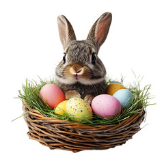 A Bunny Peeking Out of a Colorful Easter Basket with Eggs Isolated on Transparent Background