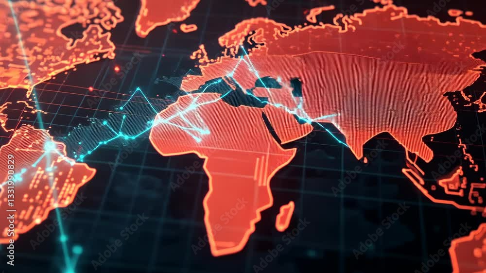 Poster a vibrant digital map illustrates global connections and data flows, highlighting various regions ac