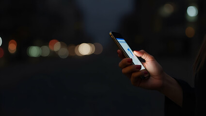 Modern Nightlife: Woman Using Smartphone with Bokeh Background