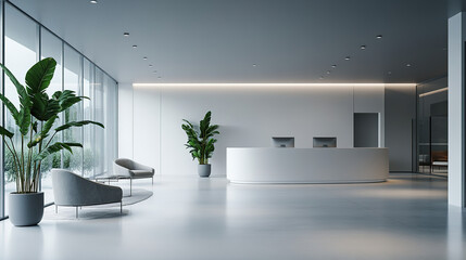 Fototapeta premium Minimalistic office lobby with modern furniture, soft lighting, calm atmosphere, white walls, professional studio light.