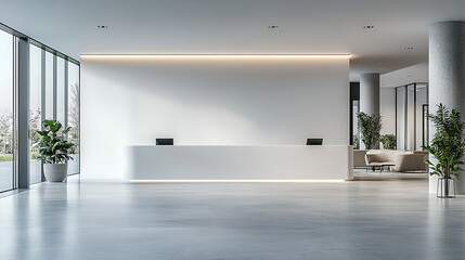 Minimalistic office lobby with modern furniture, soft lighting, calm atmosphere, white walls, professional studio light.