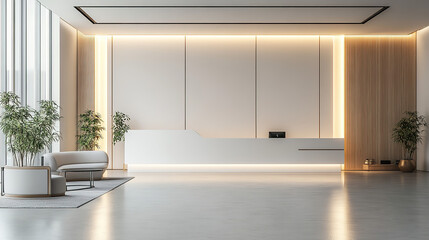 Minimalistic office lobby with modern furniture, soft lighting, calm atmosphere, white walls, professional studio light.