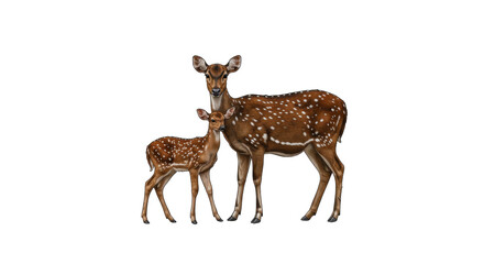 Fototapeta premium A mother deer and her fawn stand together in a serene forest setting, showcasing nature's beauty - picture of an axis deer