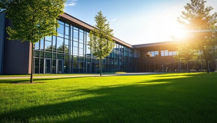 Obraz premium A modern school building, sunny, with large windows and lush green lawns. The exterior walls are made of red bricks, showing a modern architectural style