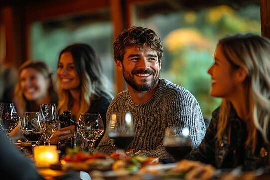 Friends enjoying dinner at a cozy lodge