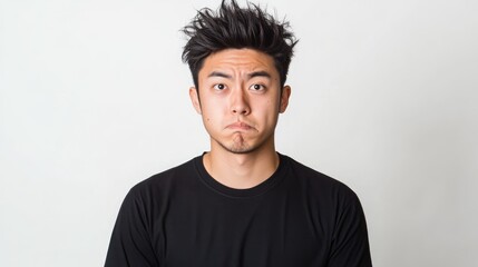 Fototapeta premium A portrait of a humorous Asian young man in a black t-shirt, displaying an annoyed expression against a white background.
