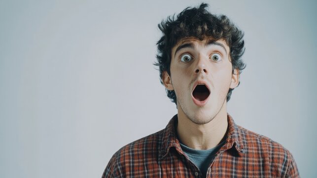 Announcement and portrait of a man with news and information on a white background in a studio. Shocked expression and college student reacting to a surprising secret or gossip.