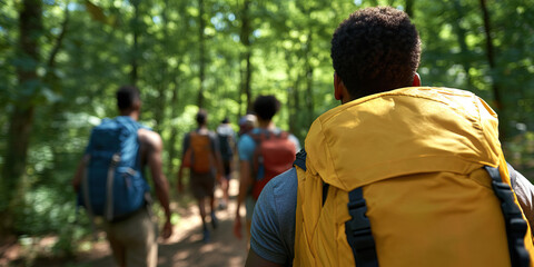 Rear View of Hikers on Forest Trail