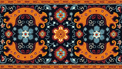 Explore Flat Cultural Embroidery: Seamless Patterns Featuring Intricate Animal Motifs and Traditional Threadwork for a Bold Ethnic Aesthetic in Vector Illustrations