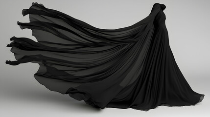 Black flowing fabric cape, studio shot, grey background, fashion design element