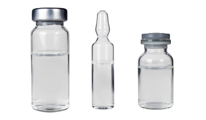 Multiple semitransparent vials containing clear liquid on a clean surface in a laboratory setting