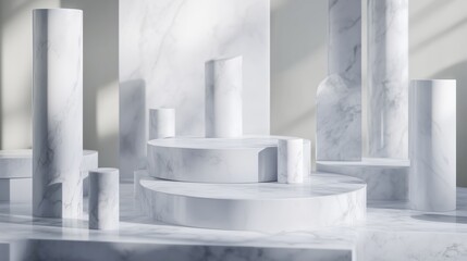 White cosmetic tubes elegantly arranged on floating marble platforms Abstract marble structures in a softly lit environment.