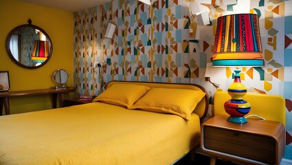 a retro-style bedroom with a vibrant color scheme dominated by yellow, orange, and blue. The room features a yellow bed with matching pillows, a patterned wallpaper with geometric and floral elements.