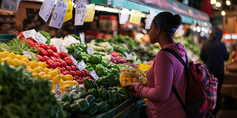 Obraz premium Woman Selecting Produce at Market Stall