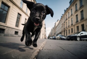adorable puppy running in the street of a city