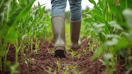 Farmer walking among corn sprouts in a field, showcasing agriculture as a business concept. Close-up of a farmer's legs in rubber boots navigating a corn field.