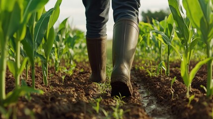 Fototapeta premium Farmer walking through corn sprouts in a field. Agriculture as a business concept. Close-up of a farmer's legs in rubber boots navigating a cornfield.