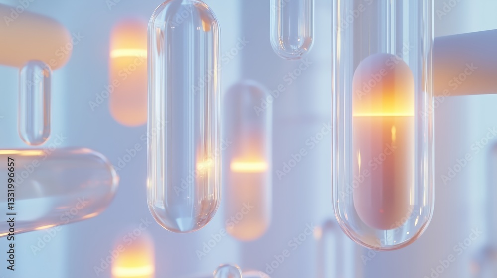 Poster suspended translucent skincare capsules glowing in a futuristic setting floating capsules with a sof