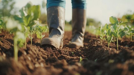 Fototapeta premium Female farmer in boots inspects soil quality. Agronomist evaluates the development of new seedlings. Themes of gardening and ecology.