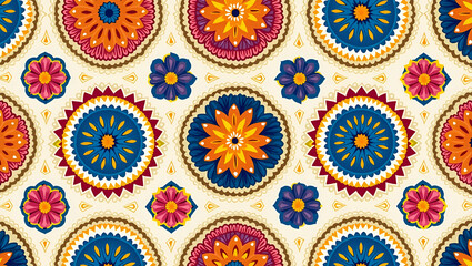 Flat Mexican Floral Fiesta seamless tile pattern with bright colors and intricate details for festive decor concept as Brightly colored Mexican florals with intricate details arranged seamlessly for f