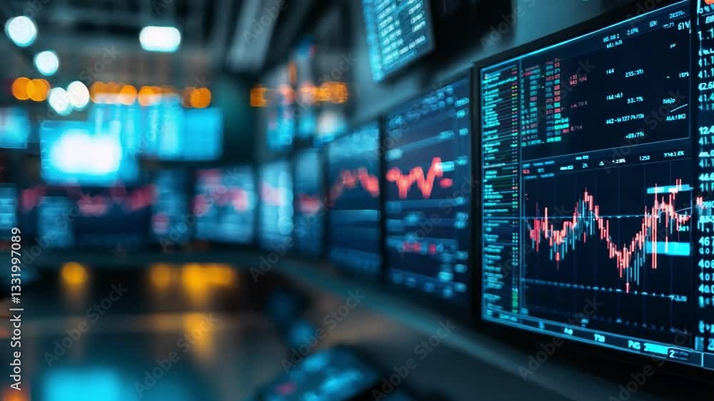 Poster high-tech trading floor with multiple screens displaying stock market data in a bustling financial c